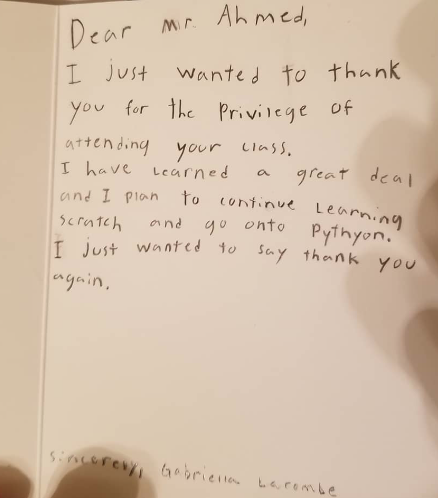 A card one of my students from TexPREP wrote me